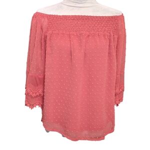 Pink Salmon Off-Shoulder Dotted Swiss Fairy Sheer Milkmaid Boho Top Small
